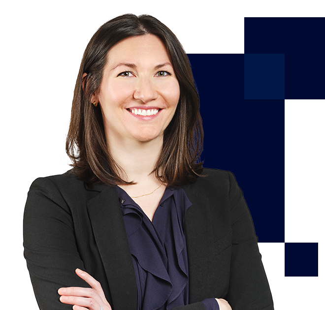 Kristen Azzolini Attorney profile image with graphic blue background